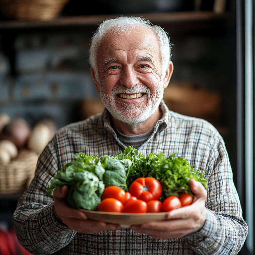 Щаслива людина з здоровою їжею